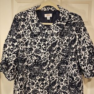 Talbots Navy and White Floral Jaquard Textured Floral Jacket, Hidden Snap Front